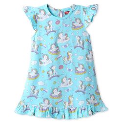Babyhug Cotton Knit Frill Sleeves Nighty with Unicorn Print - Light Blue