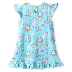 Babyhug Cotton Knit Frill Sleeves Nighty with Unicorn Print - Light Blue
