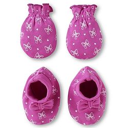 Babyhug 100% Cotton Knit Mittens & Booties Set with Bow & Hearts Print - Dark Pink
