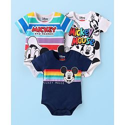 Babyhug Disney Interlock Knit Half Sleeves Onesies with Mickey & Friends Graphics Pack of 3 - Multiclor