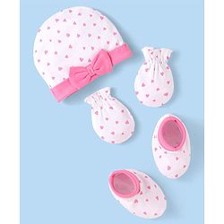 Babyhug 100% Cotton Knit Cap Mittens & Booties With Heart Print & Bow Applique White & Pink - Diameter 10 cm