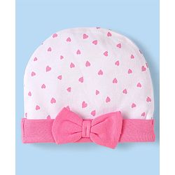 Babyhug 100% Cotton Knit Cap Mittens & Booties With Heart Print & Bow Applique White & Pink - Diameter 10 cm