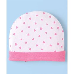 Babyhug 100% Cotton Knit Cap Mittens & Booties With Heart Print & Bow Applique White & Pink - Diameter 10 cm