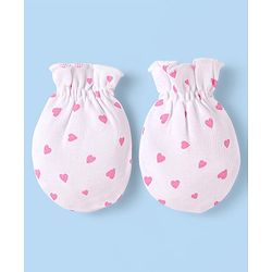 Babyhug 100% Cotton Knit Cap Mittens & Booties With Heart Print & Bow Applique White & Pink - Diameter 10 cm