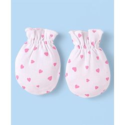 Babyhug 100% Cotton Knit Cap Mittens & Booties With Heart Print & Bow Applique White & Pink - Diameter 10 cm