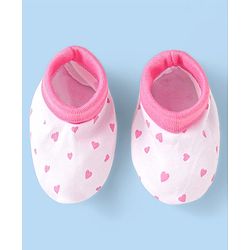 Babyhug 100% Cotton Knit Cap Mittens & Booties With Heart Print & Bow Applique White & Pink - Diameter 10 cm