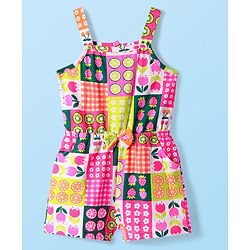 Babyhug Cotton Knit Sleeveless Jumpsuit With Floral & Fruit Print & Bow Applique - Pink