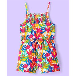 Babyhug Cotton Knit Singlet Sleeves Jumpsuit With Floral Print - Milticolor
