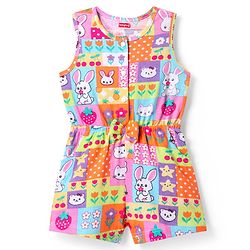 Babyhug Cotton Knit Sleeveless Jumpsuit with Jungle Theme Print & Bow Applique - Multicolor