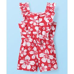 Babyhug Cotton Knit Frill Sleeves Jumpsuit with Floral Print & Bow Applique - Red