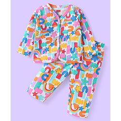 Babyhug Single Jersey Knit Full Sleeves Printed Night Suit - White