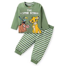 Babyhug Disney Single Jersey Knit Full Sleeves Night Suit with Simba & Friends Graphics & Stripes - Green