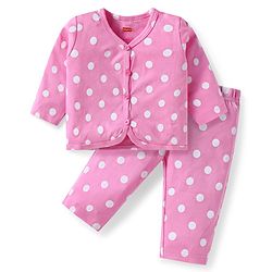 Babyhug Interlock Knit Full Sleeves Night Suit With Polka Dot Print - Pink