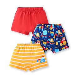 Babyhug Single Jersey Knit Trunks With Striped & Vehicle Print Pack Of 3 - Yellow Blue & Red