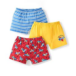 Babyhug 100% Cotton Knit Trunks with Airplane Print & Stripes Pack of 3 - Red Blue & Yellow