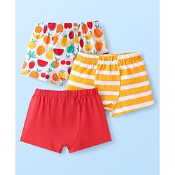Babyhug 100% Cotton Knit Trunks with Stripes & Fruit Prints Pack of 3 - Yellow & Red