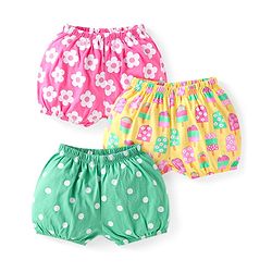 Babyhug Single Jersey Knit Bloomers With Floral Polka Dot & Ice Cream Print Pack of 3 - Yellow Green & Pink