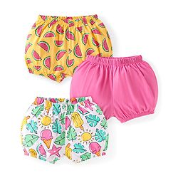 Babyhug 100% Cotton Knit Bloomers with Tropical Theme Print Pack of 3 - Yellow Pink & White