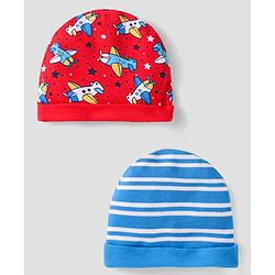 Babyhug 100% Cotton Cap with Stripes & Airplane Print Pack of 2 Blue & Red - Diameter 12