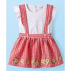 Babyhug Single Jersey Knit Frill Sleeves Top & Checks Skirt Set With Floral Embroidery - White & Pink
