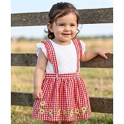 Babyhug Single Jersey Knit Frill Sleeves Top & Checks Skirt Set With Floral Embroidery - White & Pink