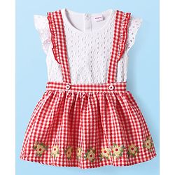 Babyhug Single Jersey Knit Frill Sleeves Top & Checks Skirt Set With Floral Embroidery - White & Pink