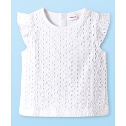 Babyhug Single Jersey Knit Frill Sleeves Top & Checks Skirt Set With Floral Embroidery - White & Pink