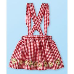 Babyhug Single Jersey Knit Frill Sleeves Top & Checks Skirt Set With Floral Embroidery - White & Pink