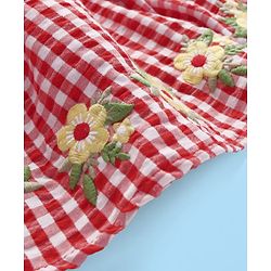 Babyhug Single Jersey Knit Frill Sleeves Top & Checks Skirt Set With Floral Embroidery - White & Pink