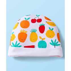 Babyhug 100% Cotton Knit Cap Mittens & Booties Set with Fruits Print White - Diameter 12 cm