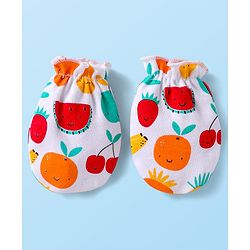 Babyhug 100% Cotton Knit Cap Mittens & Booties Set with Fruits Print White - Diameter 12 cm