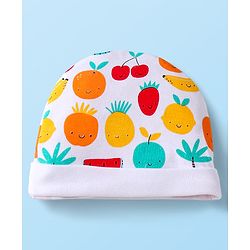 Babyhug 100% Cotton Knit Cap Mittens & Booties Set with Fruits Print White - Diameter 12 cm