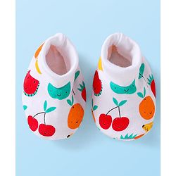 Babyhug 100% Cotton Knit Cap Mittens & Booties Set with Fruits Print White - Diameter 12 cm