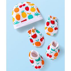 Babyhug 100% Cotton Knit Cap Mittens & Booties Set with Fruits Print White - Diameter 12 cm