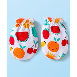 Babyhug 100% Cotton Knit Cap Mittens & Booties Set with Fruits Print White - Diameter 12 cm