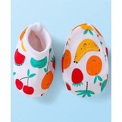 Babyhug 100% Cotton Knit Cap Mittens & Booties Set with Fruits Print White - Diameter 12 cm