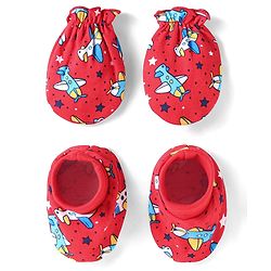 Babyhug 100% Cotton Knit Mittens & Booties Set with Airplane Print - Red