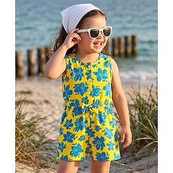 Babyhug Cotton Knit Sleeveless Jumpsuit With Floral Print & Bow Applique - Yellow