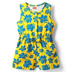 Babyhug Cotton Knit Sleeveless Jumpsuit With Floral Print & Bow Applique - Yellow