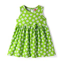 Babyhug Single Jersey Knit Sleeveless Frock with Floral Print & Bow Applique - Green