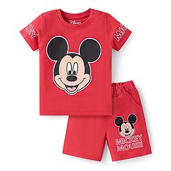 Babyhug Disney  Single Jersey Knit Half Sleeves T-Shirt & Shorts Set with Mickey Mouse Graphics - Red