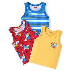 Babyhug 100% Cotton Knit Sleeveless Striped Sando with Airplane Print Pack of 3 - Red Yellow & Blue
