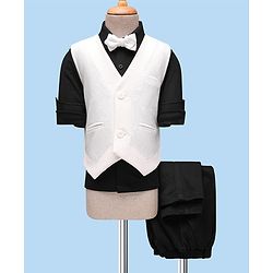 Babyhug Knit Full Sleeves Solid 3 Piece Party Suit With Bow - White & Black
