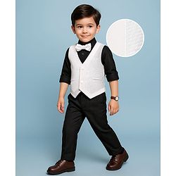 Babyhug Knit Full Sleeves Solid 3 Piece Party Suit With Bow - White & Black