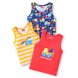 Babyhug 100% Cotton Knit Half Sleeves Sando Vests With Construction Vehicles Print Pack of 3 - Red Yellow & Navy Blue