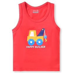 Babyhug 100% Cotton Knit Half Sleeves Sando Vests With Construction Vehicles Print Pack of 3 - Red Yellow & Navy Blue