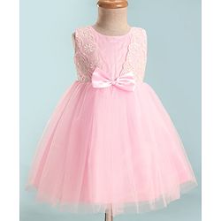 Babyhug Woven Sleeveless Fit & Flare Mesh Party Dress with Lace on Yoke & Bow Applique - Light Pink