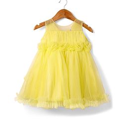 Babyhug Woven Sleeveless Solid Mesh Party Dress With 3D Floral Applique - Light Yellow