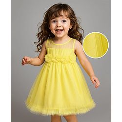 Babyhug Woven Sleeveless Solid Mesh Party Dress With 3D Floral Applique - Light Yellow