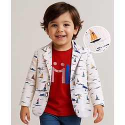 Babyhug Knit Full Sleeves Party Wear Blazer with Smile Text Print T-Shirt - Off white & Red